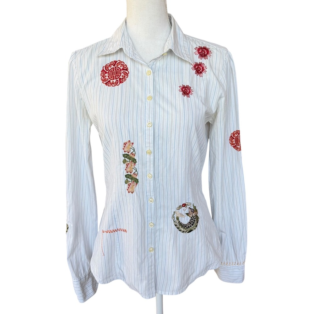 Johnny Was 3J Workshop Embroidered Pinstripe Button Down Shirt Womens Small